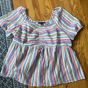 Lane Bryant Women's Multi Color Stripe Short Sleeve Gathered Waist Top Size 18